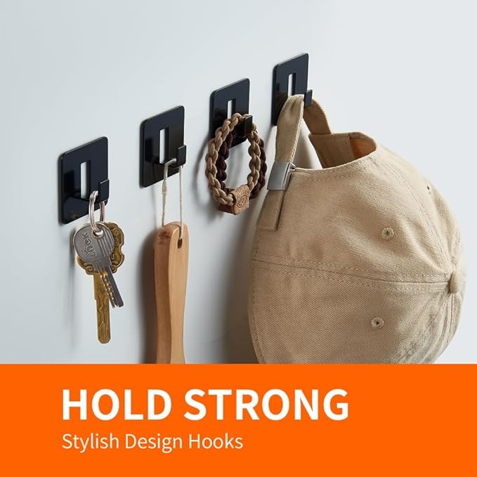 4 Pack Adhesive Towel Coat Hooks - Heavy-Duty Damage Free Hanging Wall Hooks for Bathroom/Kitchen Accessories, Black