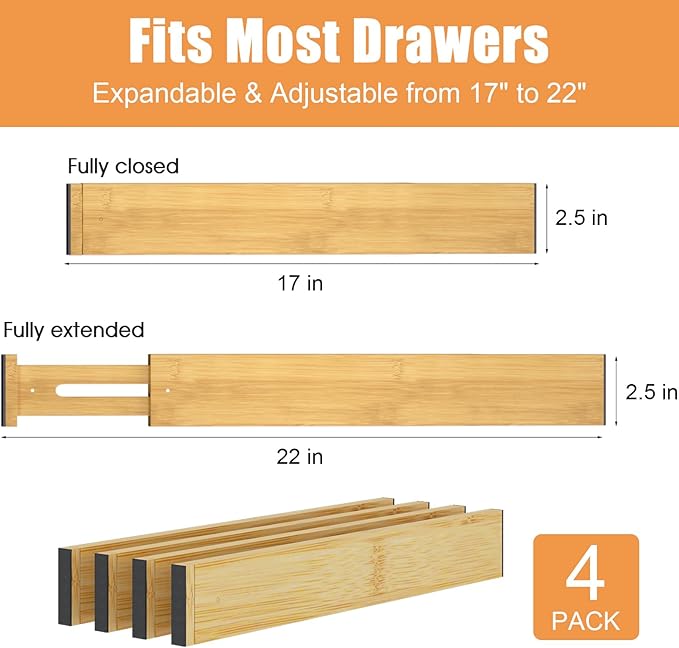Bamboo Drawer Dividers,17-22" Adjustable Kitchen Drawer Organizer for Clothes,4 Pack Expandable Drawer Organization Separators for Bedroom,Bathroom,Dresser and Office,Natural-NeatNest