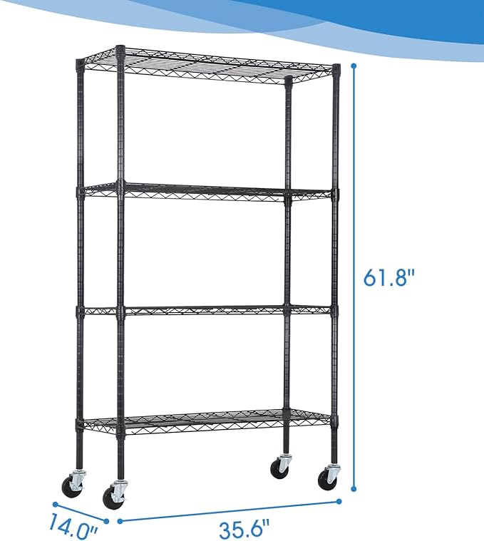 4-Tier Adjustable Shelf Shelving Unit Shelves Shelf Heavy Duty Storage Steel Organizer Wire Rack (1400 lbs Loading Capacity) with Wheels Multi-Function Easy Assembly,Black