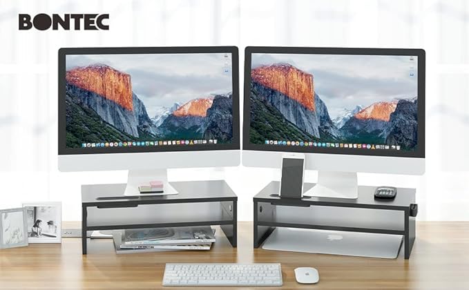 BONTEC Wooden Monitor Stand Riser, 2-Tier Desk Shelf with Storage Organizer, Ergonomic Computer Stand with Cable Management, Cellphone Holder, Black, 16.5 Inch-NeatNest