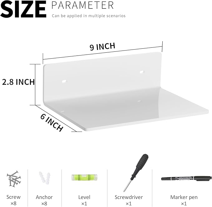 Hexsohoma 9 Inches White Floating Shelves, Acrylic Wall Shelves for Living Room, Bedroom, Bathroom, Kitchen, Office, Brand Store, Retails, Gaming Room, 4 Pack-NeatNest