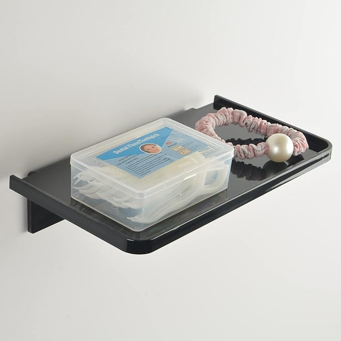 Acrylic Floating Wall Shelves - Small Stick-on Wall Mounted Phone Shelf Holder Wipes Rack Smart Speaker Shelf for Bathroom,Kitchen,Toilet,Bedroom,Office - Black