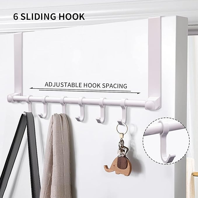 Over The Door Hooks Door Hanger, Moving 6-Hooks Over Door Coat Rack for Hanging, Aluminum Heavy Duty Door Organizer for Towel Robe Hat Bag, Behind Back of Door Bathroom (White)
