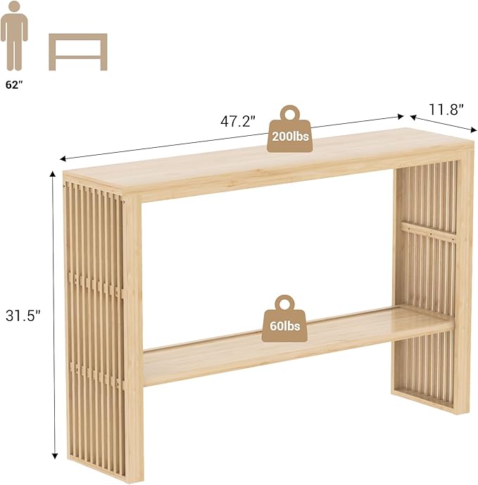 Bamboo Wood Entryway Table 47.2" Console Table, 2-Tier Farmhouse Narrow Sofa Table with Grille-Inspired Sides Easy Assembly for Entrance, Hallway, Living Room, Bedroom, Foyer(Natural)-NeatNest