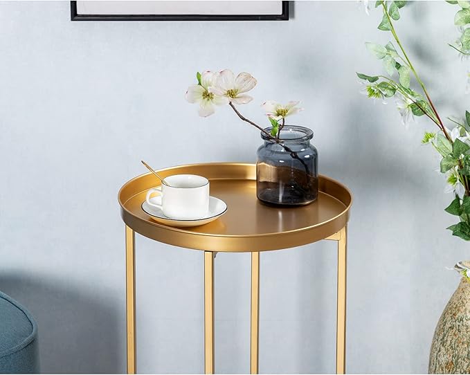 HollyHOME Small Round Metal Waterproof End Table, Accent Indoor&Outdoor Side Table, Sofa Table for Living Room, Anti-Rust Decorative Plant Stand, (D) 14.5" x (H) 25", Golden-NeatNest