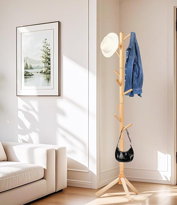 Beech Wood Coat Rack Stand with 9 Hooks, 3 Height Adjustable, simple Freestanding Solid Wooden Coat Tree Hanger for Clothes, Hats, Scarves, bags, Jackets, Bedroom, livingromm(Natural Wood)-NeatNest