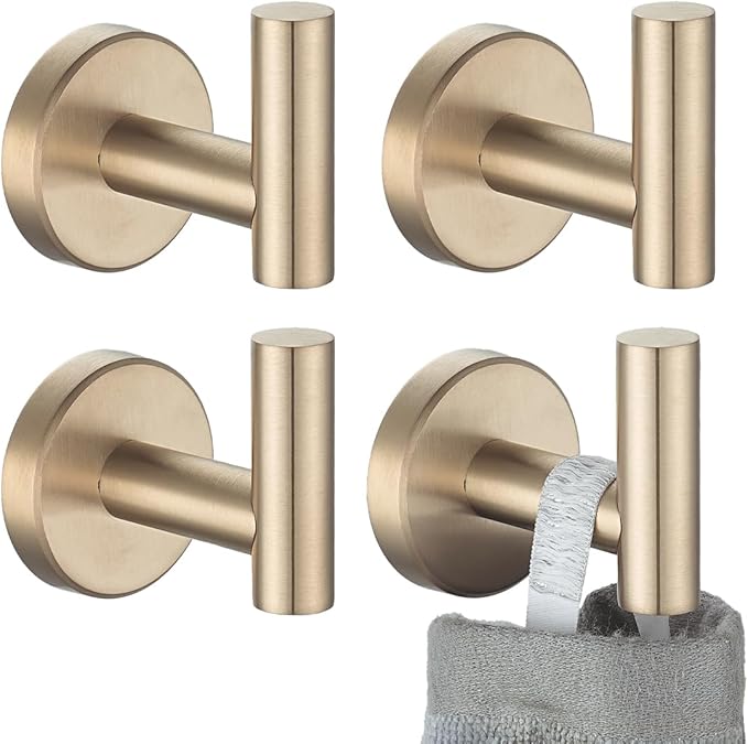 JQK Bathroom Towel Hook Champagne Bronze, Coat Robe Clothes Hook for Bathroom Wall Mounted (Pack of 4), SUS 304 Stainless Steel 0.8mm, TH100-CB-P4-NeatNest