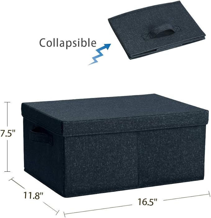 HOONEX Linen Foldable Storage Bins with Lids, 2 Pack, Storage Boxes with Carrying Handles and Sturdy Heavy Cardboard, 16.5" L x 11.8" W x 7.5" H for Shoes, Books, Clothes, Nursery, Dark Grey-NeatNest