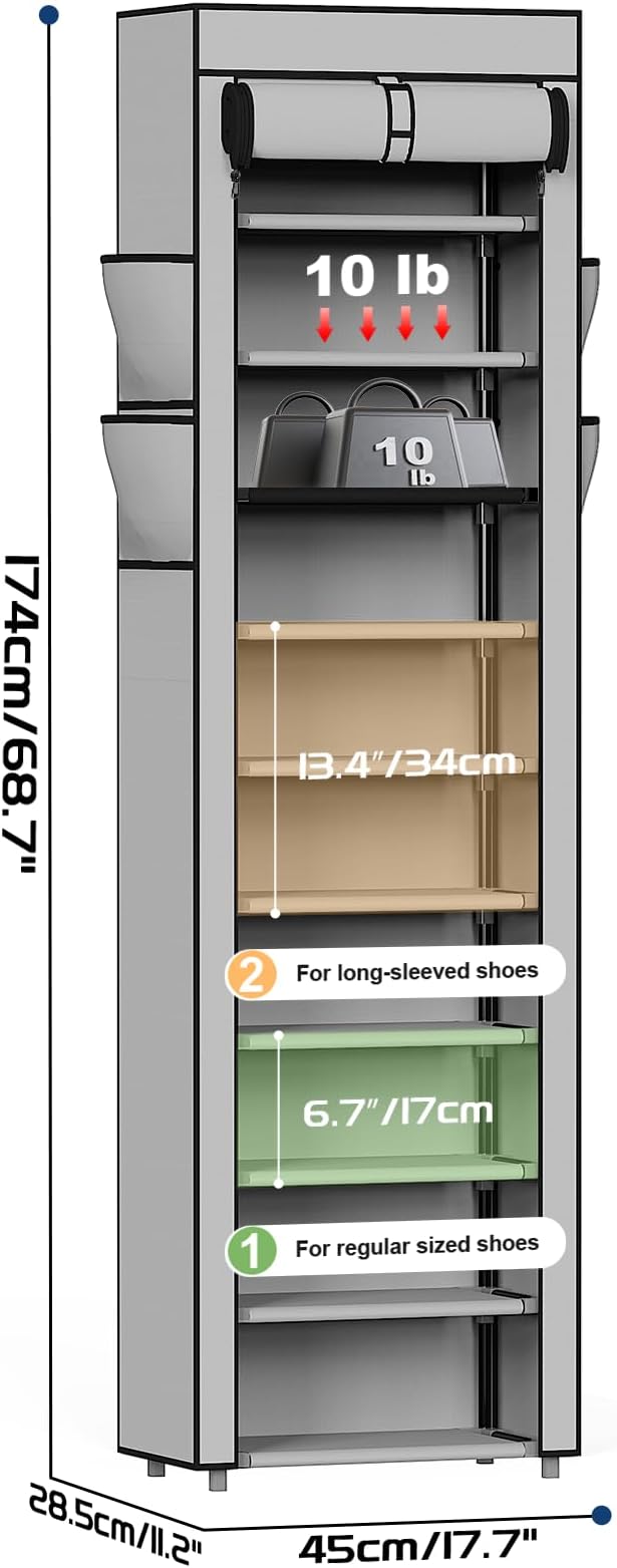 Mavivegue Shoe Rack with Cover, 10 Tier Tall Shoe Organizer for 18-22 Pairs of Shoes, Shoe Storage Organizer for Entryway, Closet, Garage, Grey-NeatNest