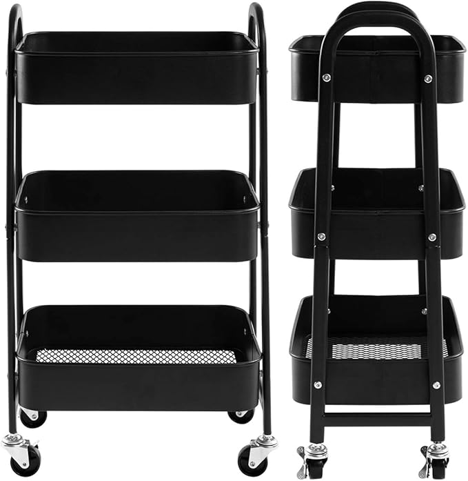 AGTEK Makeup Cart, Movable Rolling Organizer Cart, Black 3 Tier Metal Utility Cart-NeatNest