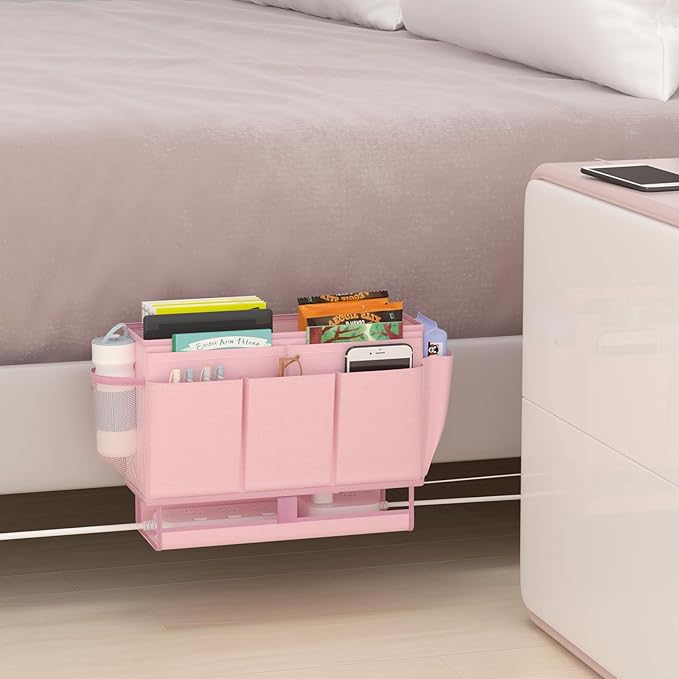 Bedside Caddy Bedside Organizer,Bed Caddy with 11 Pockets and Power Strip Holder,Versatile Bedside Storage Caddy for Home,Dorm,Bunk,Hospital,Crib Bed (Pink)-NeatNest
