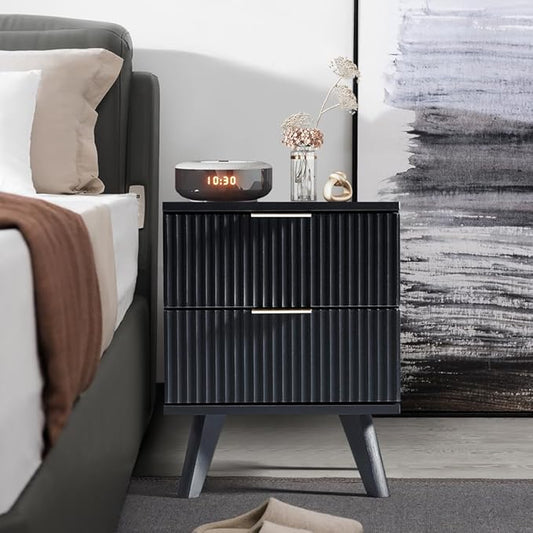 Black Nightstand, Mid Century Modern Nightstand with 2 Drawers, Bedroom Nightstand, Bed Side Table Small Nightstand for Dorm, Wood End Table Bedside Tables, Modern End Side Table (Black)-NeatNest