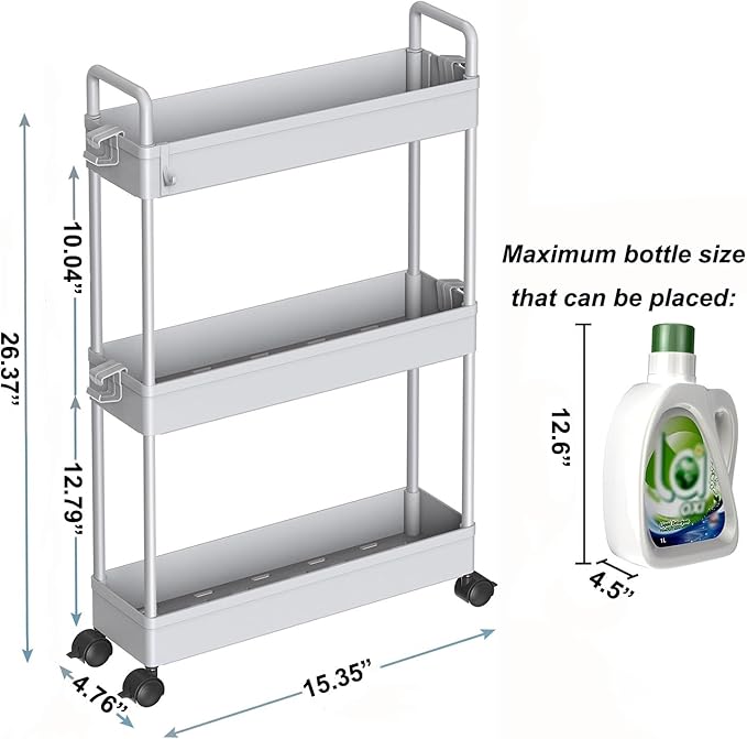 SOLEJAZZ Slim Rolling Storage Cart with Wheels 3 Tier Skinny Bathroom Storage Organizer Thin Laundry Room Utility Cart Space-Saving for Bedside Kitchen Office Small Narrow Places, Gray