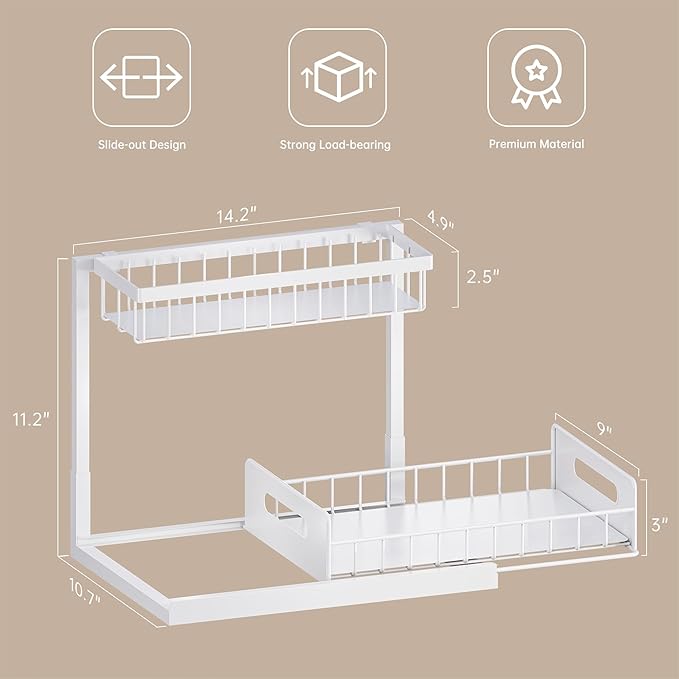 VUSIGN Under Sink Organizer and Storage, Slide Out Cabinet Organizer, Pull Out Sink Shelf for Kitchen Bathroom Laundry, White, 1 Pack-NeatNest