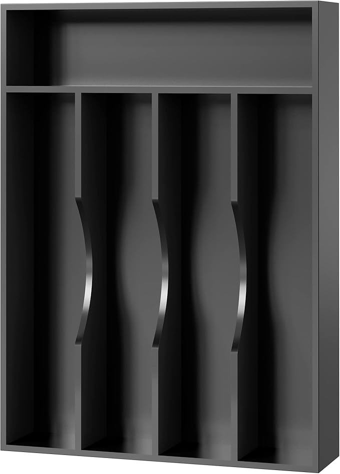 Bellsal Black Utensil Organizer 10 Inch Silverware Tray for Utensil Holder Cutlery Organizer Kitchen Drawer Organizer 5 Compartment Small Narrow Bamboo-NeatNest