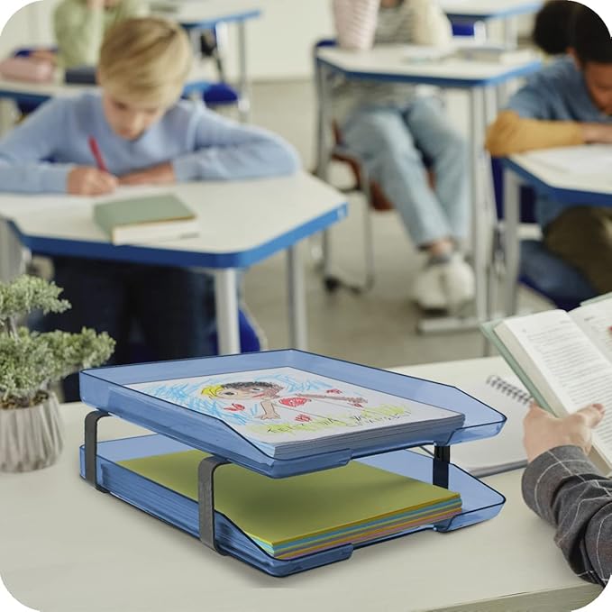Acrimet Traditional 2 Tier Letter Tray, Front Load Design, A4 Letter Size, Desktop Organizer (Plastic) (Clear Blue Color)-NeatNest