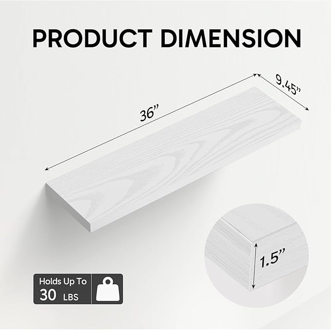 BAYKA Floating Shelves for Wall, 36 inches Long Wall Mounted Rustic Wood Shelves for Bathroom, Bedroom, Living Room, Kitchen, Office, Hanging Shelf for Books/Storage/Decor(White,Set of 2)-NeatNest