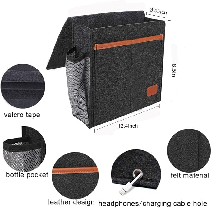 Bedside Caddy,Felt Bedside Storage Organizer, Hanging Storage for Dorm Bed Sofa for tablet Magazine Phone Remotes and Water Bottle Holder (Black)-NeatNest