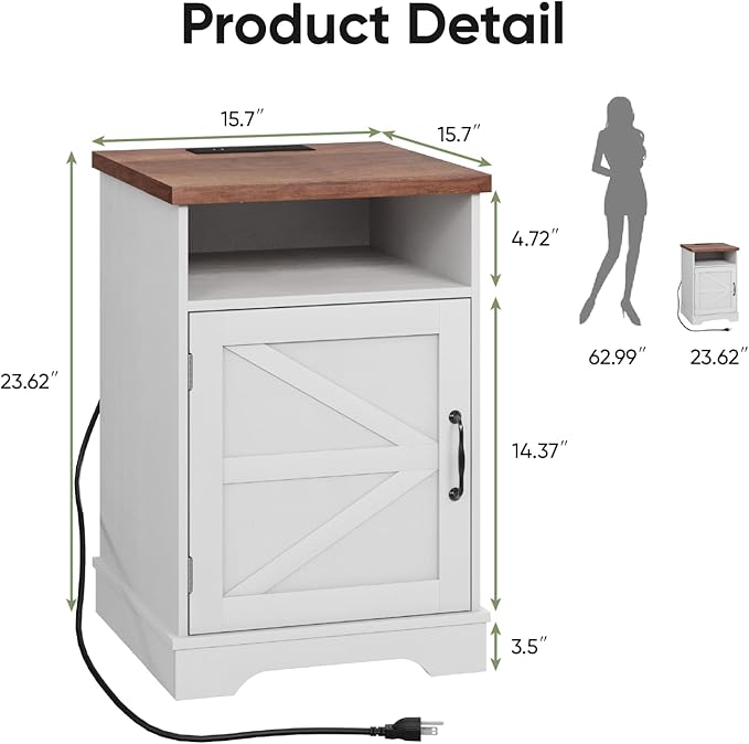 Farmhouse White Nightstand with Charging Station, Bedside Table with Storage, Rustic Side End Table with Walnut Top, Night Stands with Open Shelf for Bedroom
