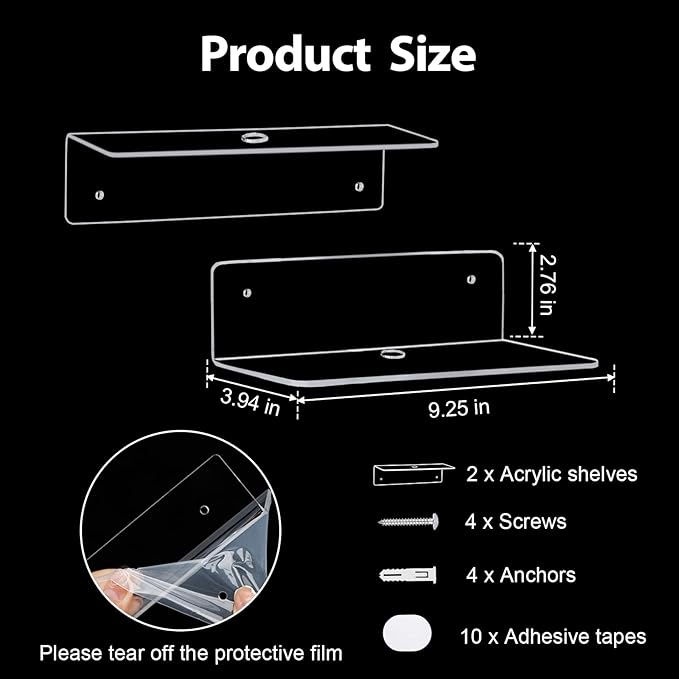 9 Inch Clear Acrylic Floating Shelf, No Drill Adhesive Wall Shelf Set of 2 for Storage, Floating Shelves Damage-Free Expand Wall Space for Living Room, Office, Gaming Room, Bathroom