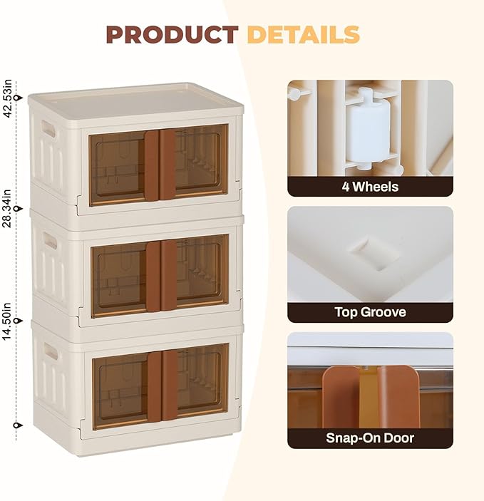 FAHKNS 3 Pack 19 Gallon Collapsible Storage Boxes, Lidded Storage Box with Door and Wheels for Clothes, Tools, Office Supplies, Large Folding Storage Box for Home