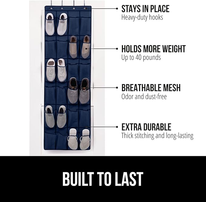 GORILLA GRIP Over the Door Shoe Organizer, 24 Large Breathable Mesh Pockets, Space Saving Hanging Storage Holder, Closet Rack Hanger Holds Up to 40 lbs, Hangs on Closets for Shoes, Accessories, Navy-NeatNest