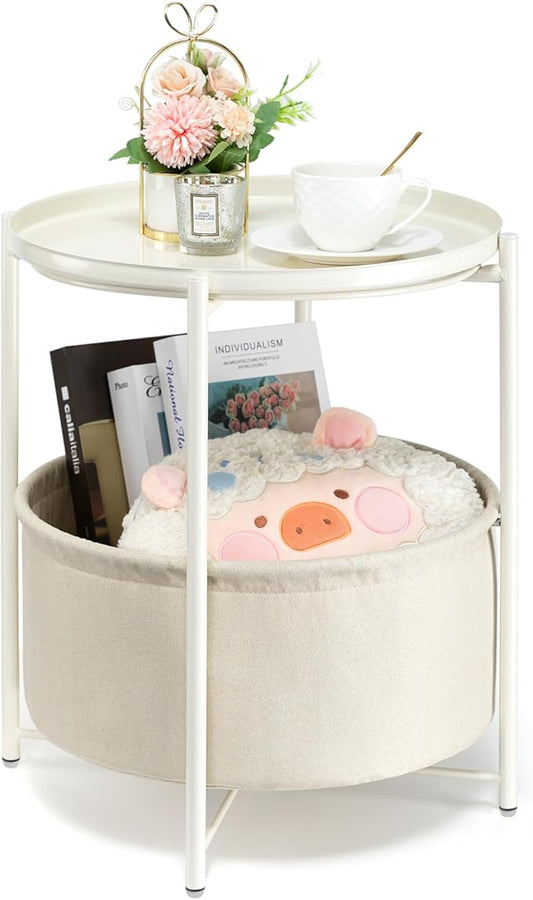 danpinera Round Side Table with Fabric Storage Basket, Metal Side Table Small Bedside Nightstand with Removable Tray Top for Living Room, Bedroom, Nursery, Laundry, White-NeatNest