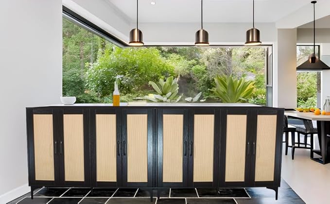 Buffet Sideboard, Side Storage Cabinet, entryway Cabinet, Buffet Sideboard with Rattan, Featuring 4 Doors and Adjustable Shelves, Suitable for Living Room (Black)-NeatNest