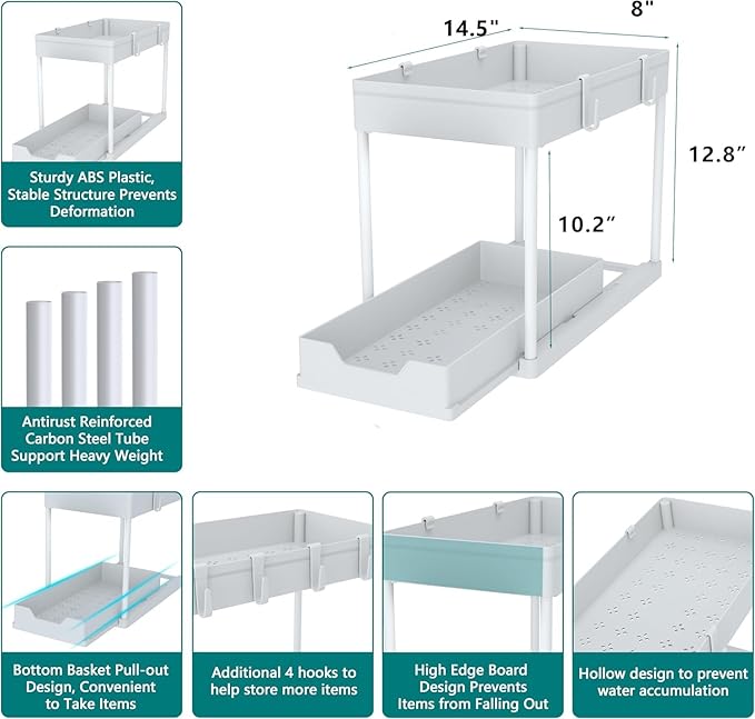 Under Sink Organizer -2 PACK|Pull Out Bathroom Organizer|2 Tier Slide Out Bathroom/Kitchen Organiers and Storage. (2 PACK White)-NeatNest