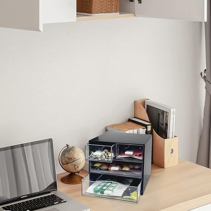 Desk Organizer with Drawer, Desk Storage Box, Plastic Office Stationery Supplies Organizers, Desktop Organizer for Office School Home (4 drawer, Black)-NeatNest