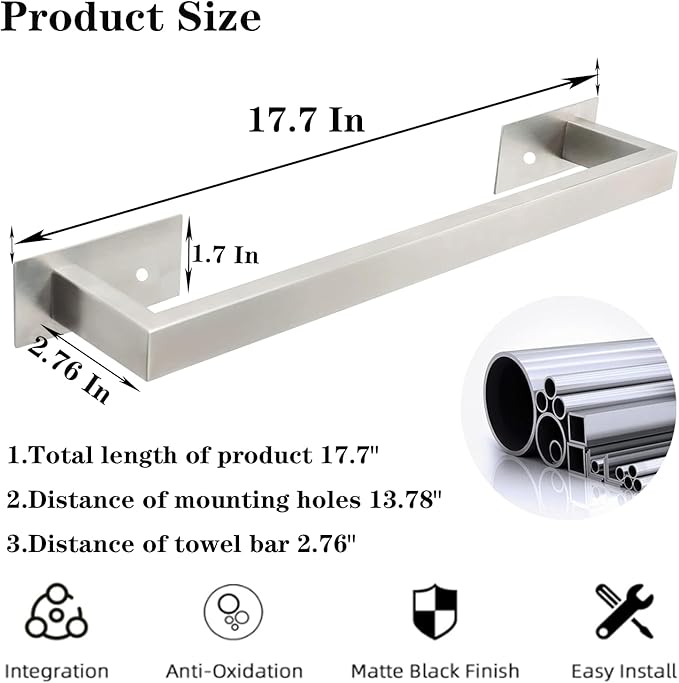 Bathroom Towel Bar Self Adhesive, No Drilling Towel Rack Easy to Install, Hand Towel Holder Made of Premium Stainless Steel Sticky on Hand Towel Hanger for Kitchen, Toilet.(17.7IN, Brushed)-NeatNest