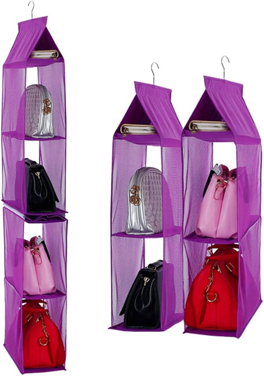 Detachable 4 Compartment Organizer Pouch Hanging Handbag Organizer Clear Purse Bag Collection Storage Holder Wardrobe Closet Space Saving Organizers System for Living Room Bedroom Home Use (Purple)-NeatNest