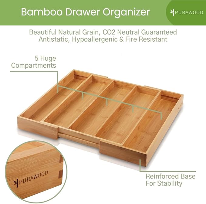 Bamboo Drawer Organizer, 2 Pack - Expandable Silverware Organizer & Utensil Drawer Organizer, Cutlery Tray with Dividers, 7-9 Slots - Premium Kitchen Organizer for Utensils & Flatware (Natural)-NeatNest