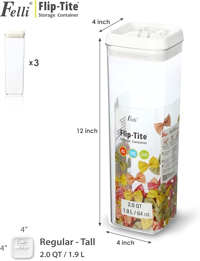 Felli Flip Tite TALL Storage Container with Lid 4" Air Tight Easy Open Ring Top, Clear Acrylic Skinny Canister Jar for Spaghetti Lasagna Fettuccine Noodle, Kitchen Cupboard Pantry Organizer (2.0 qt)-NeatNest