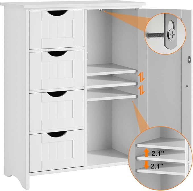 JUMMICO Bathroom Storage Cabinet, Floor Cabinet with 4 Drawers and 1 Adjustable Shelf, Storage Oragnizer for Living Room, Kitchen, Bathroom (White)