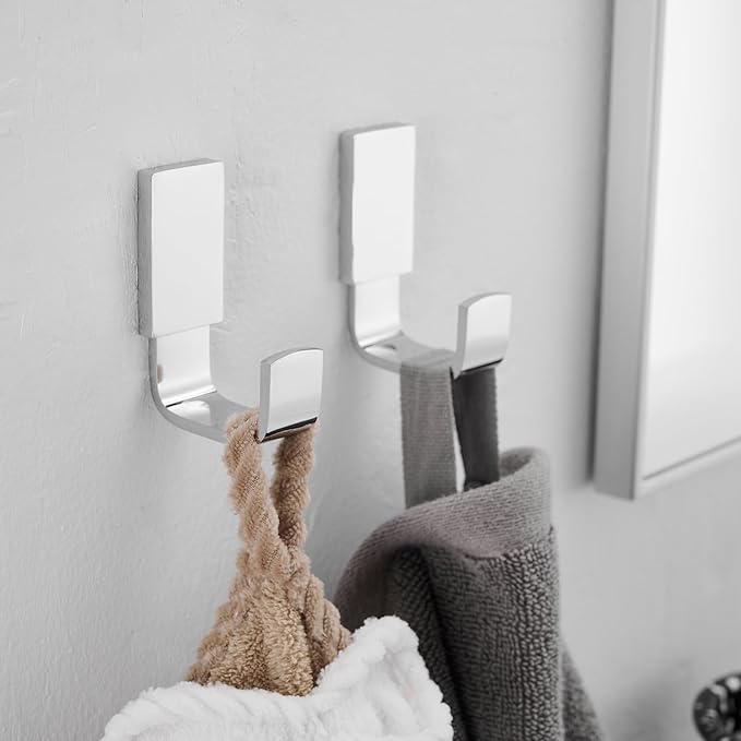 BESy Brass Clothes Hook Single Towel Hook for Bathroom Kitchen Garage Square Style Robe Hooks Coat and Hat Hook, Self Adhesive with Glue or Wall Mounted with Screws, Two Packs, Polished Chrome-NeatNest