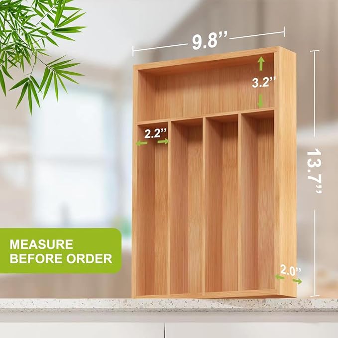 Bamboo Utensil Drawer Organizer, Kitchen Organizer for Flatware Cutlery, Silverware Tray for Drawer (5 Slots, Natural)-NeatNest