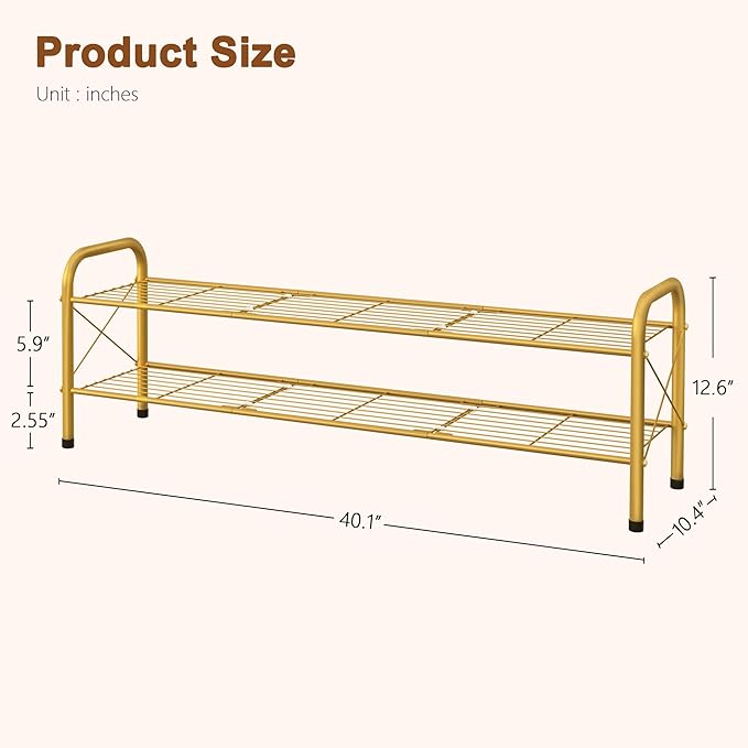 Hoctieon 2 Tier Shoe Rack for Closet, Durable Mesh Style Shoe Rack, Entryway Shoe Shelf, Shoe Storage Organizer for Hallway, Bedroom, Living Room, Wardrobe, Gold-NeatNest