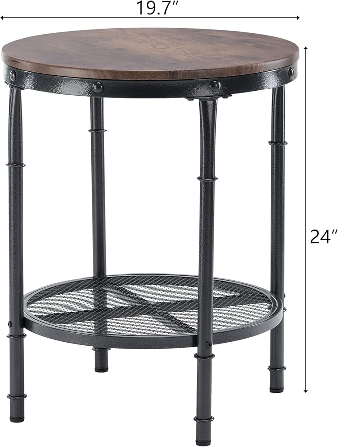 VINGLI 20" Side Table, Round End Tables Living Room, Industrial Small End Table with Metal Mesh, Rustic Farmhouse Side Tables for Bedroom, Office, Corner, Walnut