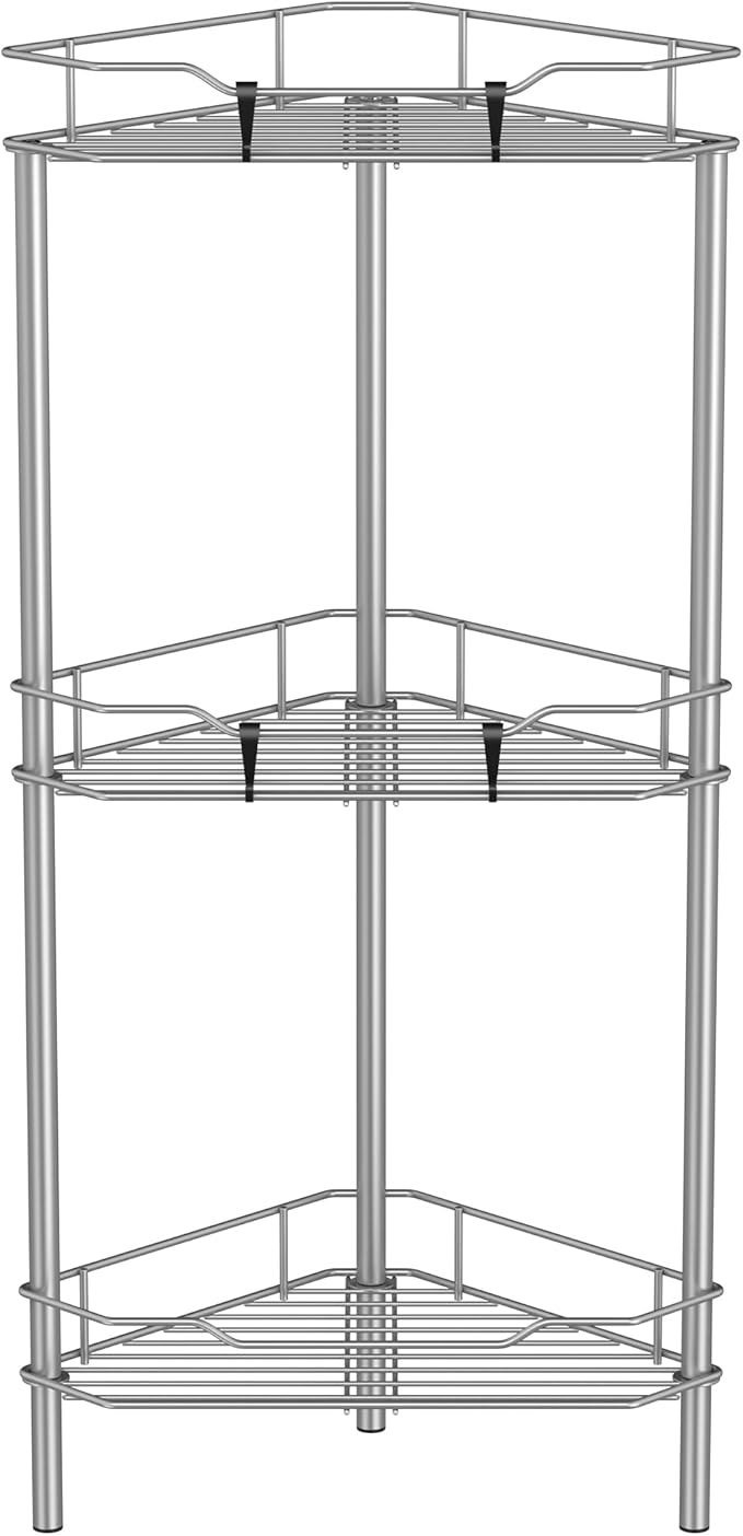 3 Tier Floor Standing Corner Shower Caddy Organizer Shelf with Hooks, Bathroom Shelves Stand Rack, Gray