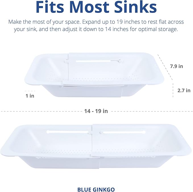 BLUE GINKGO Sink Colander Baskets - (Pack of 2) Wash Vegetables and Fruits, Drain Cooked Pasta and Dry Dishes - Extendable - New Home Kitchen Essentials (2 White)