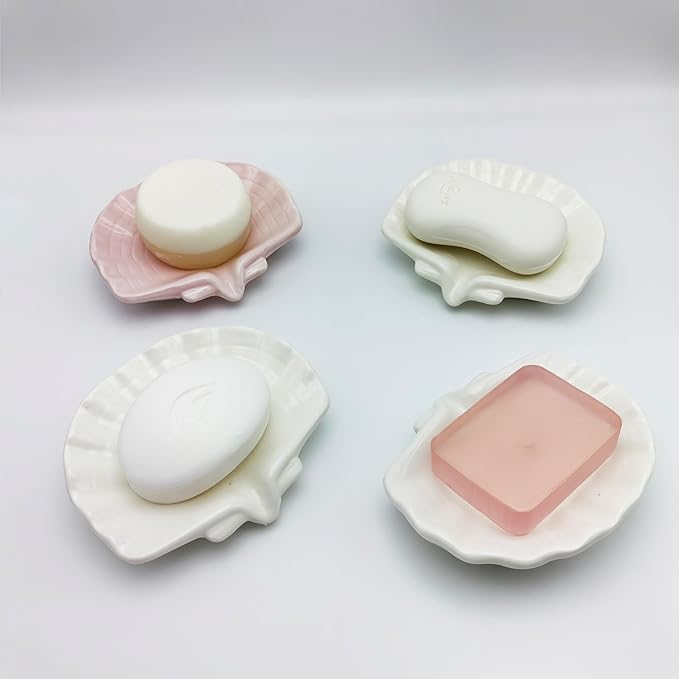 Ceramic Soap Holder, Sea-Shell Soap Tray with Self Draining, Soap Tray for Sink Washroom Bathroom Shower, Small Cute and Elegant Holder with Glaze, Easy Cleaning (Pink)-NeatNest