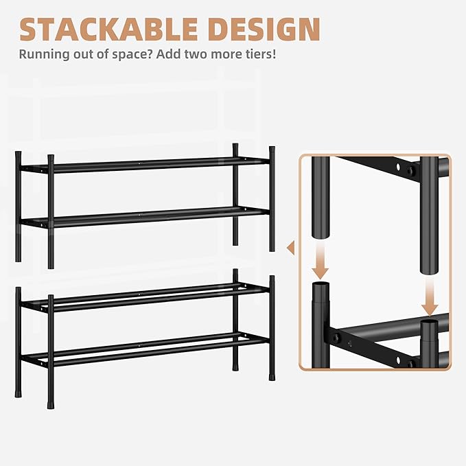 STORAGE MANIAC Long Expandable Shoe Rack, 12 Pairs Metal Wide Stackable Shoe Rack, Adjustable Shoes Shelf, Freestanding Shoes Organizer for Closet, Entryway, Hallway, Garage, Front Door, 2 Tiers-NeatNest