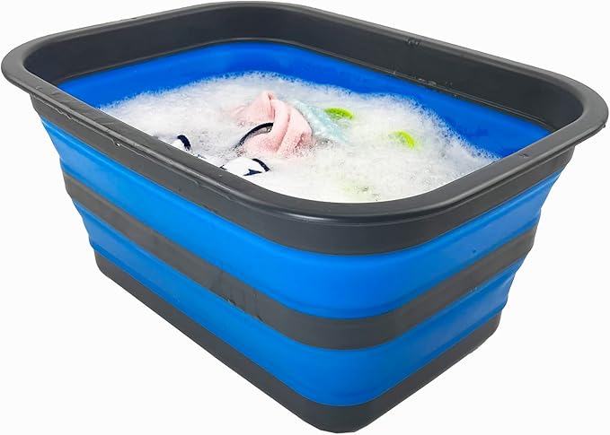 SAMMART 12L (3.17Gallon) Collapsible Tub - Portable Outdoor Picnic Tray - Portable Washing Basin - Space Saving Plastic Washtub (Grey/Blue (Set of 2))