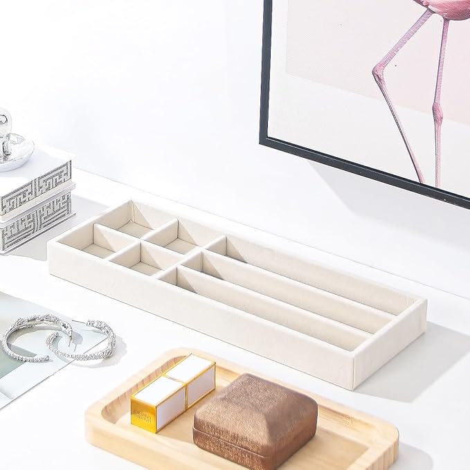 2Pcs Desk Drawer Storage Tray, Nightstand Organizer Tray, Necklace Bracelet Ring Earring Jewelry Display Tray, Grid Table Organizer Holder Tray for Sunglass, Phone, Watch, Perfume (7 grid)/Beige-NeatNest