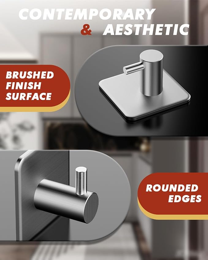 Adhesive Hooks Heavy Duty 30lb(Max) Wall Hooks, 5 Pack Damage Free Stainless Steel Hanger for Hanging Coat, Hat, Towel Robe, Waterproof Oilproof Rustproof Hook for Bathroom Shower Kitchen Office