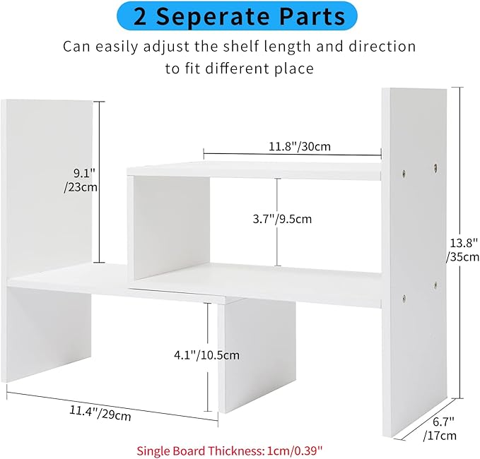 Desktop Shelf Organizer, Adjustable Wood Office Storage Rack, Counter Display Small Bookshelf for Home/Office/School(White)-NeatNest