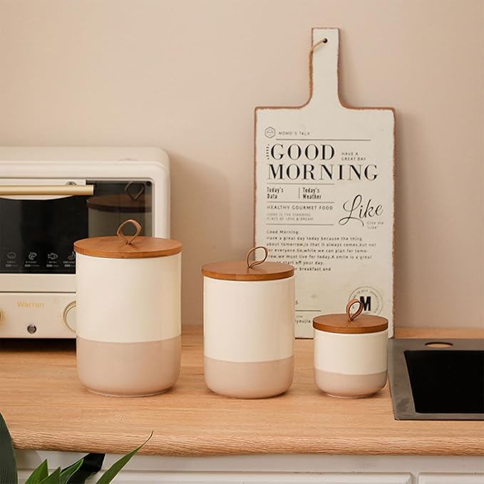 Coffee Canister, Ceramic Food Storage Jars with Lids Salt Matcha Container Brown Sugar Container Bowl for Kitchen Tea, Coffee Beans, Spice (#001Khaki-27oz/800ml)-NeatNest