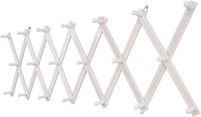 Accordion Wall Hanger with 20 Hooks, Wooden Wall Expandable Coat Rack for Coat, Hats, Baseball Caps, Coffee Mug, Jewelry(Ruist White)-NeatNest