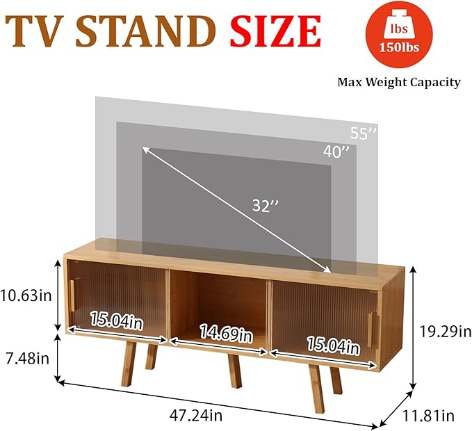 Bamboo TV Stand Entertainment Center- Mid-Century Modern Television Stand for 50 inch TVs, Bamboo Media Console Table, Open Storage Shelves for Living Room, Bedroom and Home Decor-NeatNest